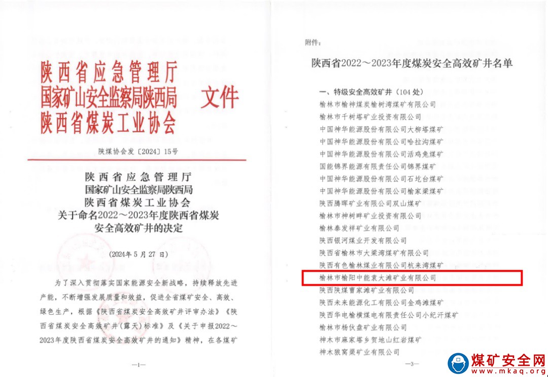 陜西中能煤田有限公司所屬中能袁大灘礦業(yè)榮獲“陜西省煤炭特級安全高效礦井”稱號